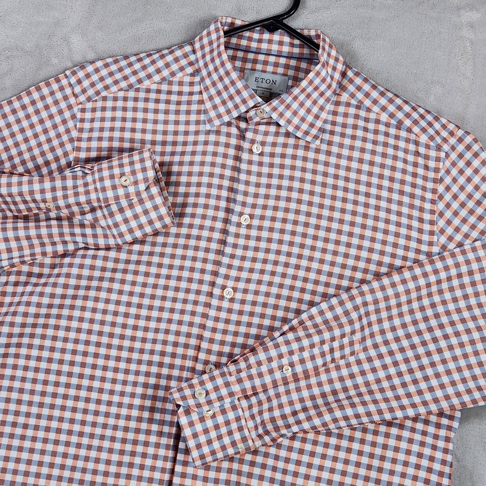 Eton Shirt Mens 17.5 44‎ Blue Orange Check Contemporary Textured Twill Cotton